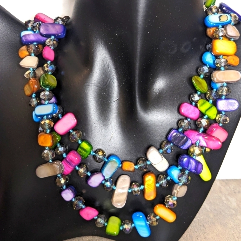 Vintage Tone Multi‎ Color MOP Dyed Shell & Crystal Three Layer Necklace